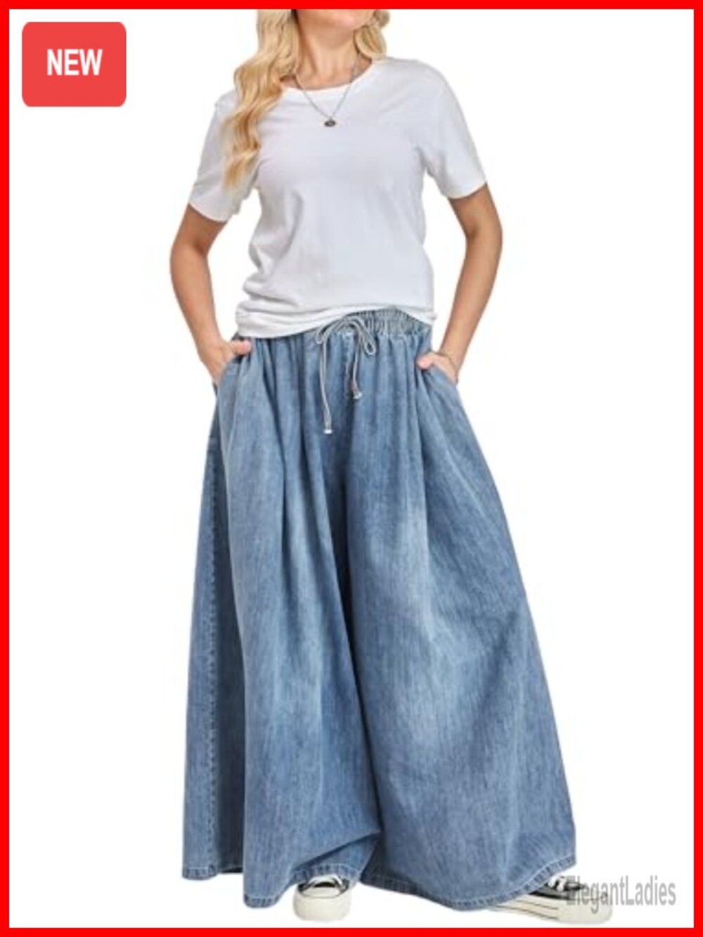 Extra Wide Leg Denim Jeans Women Elastic Waist Loose Pants Pockets